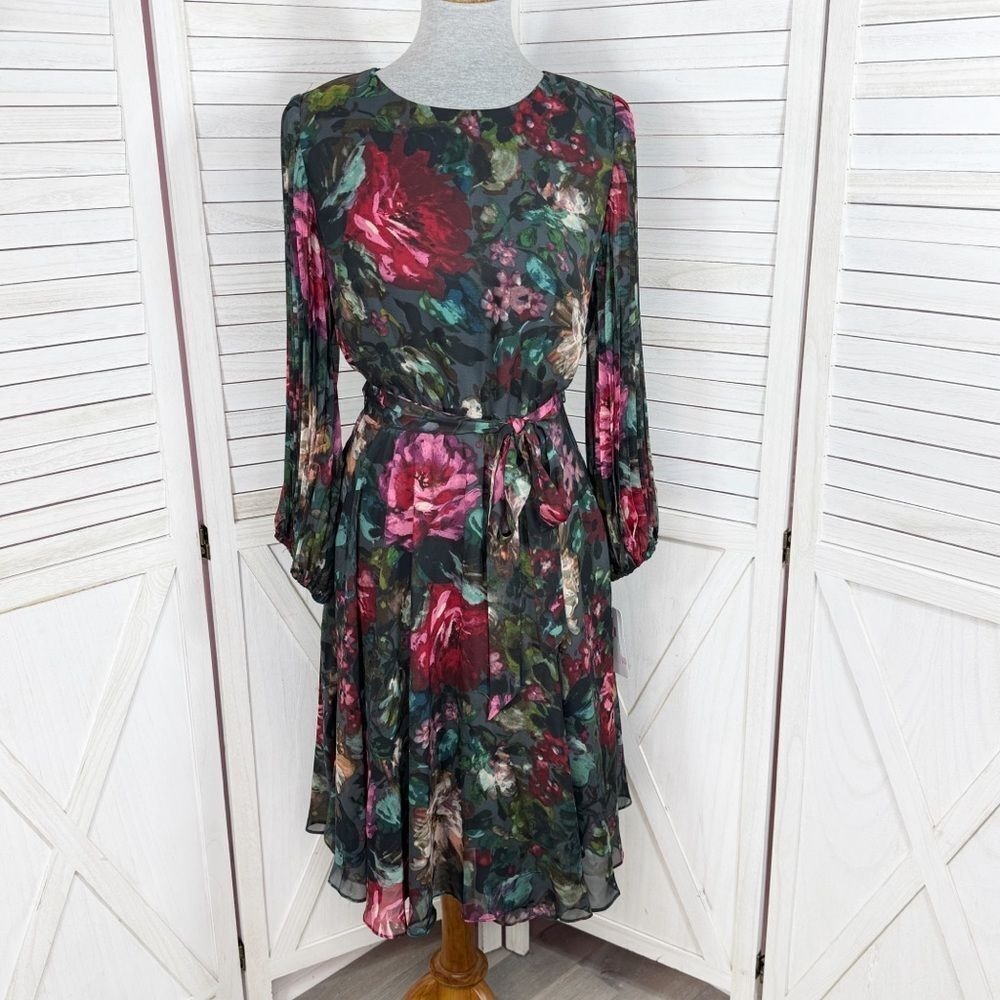 Maison Tara Dark Floral Pleated Sleeve Chiffon Fit Flare Dress Black Multi 10‎